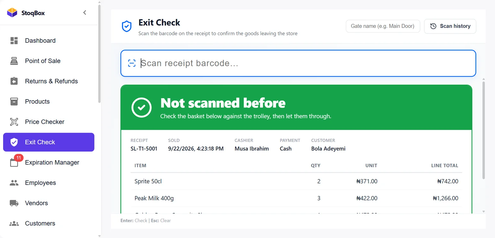 Exit Check showing a green Not scanned before result with the receipt's items