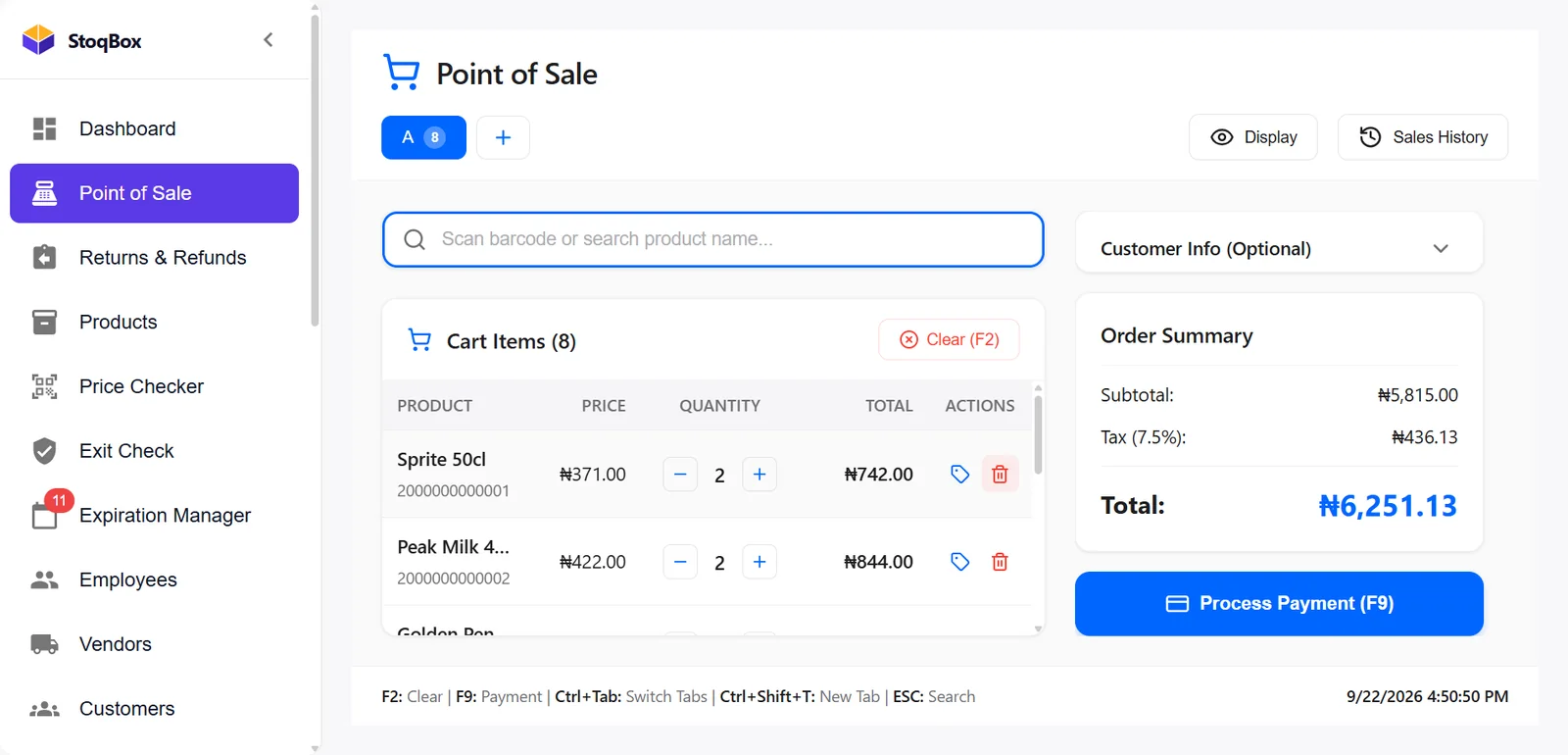 The StoqBox Enterprise Point of Sale screen with eight items in the cart and a total of ₦6,251.13